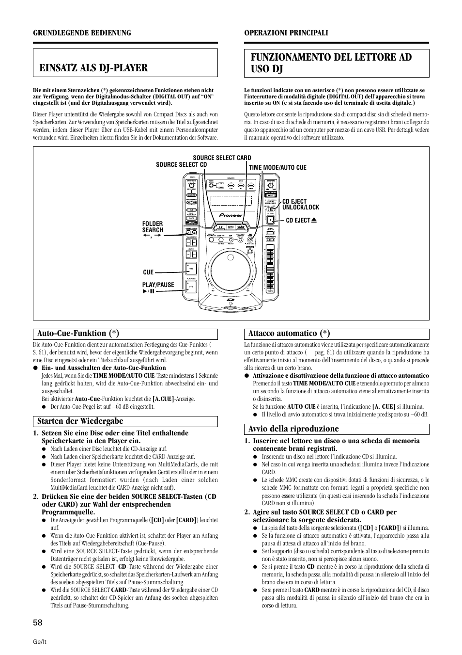 Einsatz als dj-player, Auto-cue-funktion starten der wiedergabe, Funzionamento del lettore ad uso dj | Attacco automatico avvio della riproduzione, Auto-cue-funktion (*), Starten der wiedergabe, Attacco automatico (*), Avvio della riproduzione | Pioneer DMP-555 User Manual | Page 58 / 120