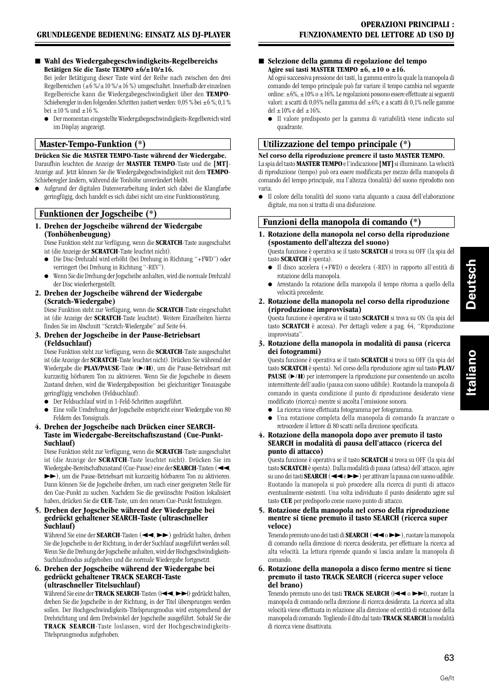 Master-tempo-funktion funktionen der jogscheibe, Deutsch italiano, Master-tempo-funktion (*) | Funktionen der jogscheibe (*), Utilizzazione del tempo principale (*), Funzioni della manopola di comando (*) | Pioneer DMP-555 User Manual | Page 63 / 120