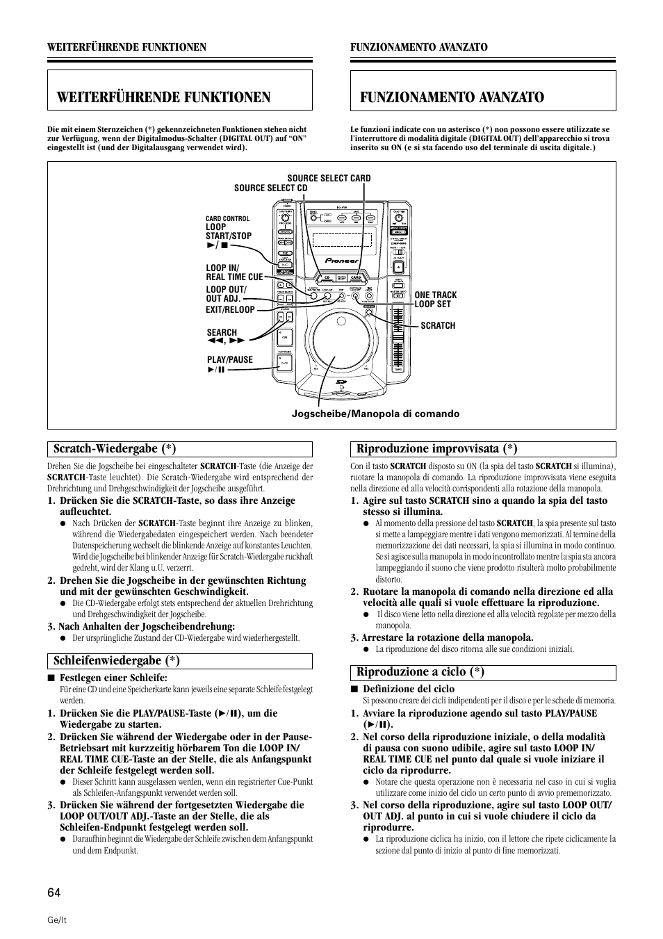 Weiterführende funktionen, Scratch-wiedergabe schleifenwiedergabe, Funzionamento avanzato | Riproduzione improvvisata riproduzione a ciclo, Scratch-wiedergabe (*), Schleifenwiedergabe (*), Riproduzione improvvisata (*), Riproduzione a ciclo (*) | Pioneer DMP-555 User Manual | Page 64 / 120