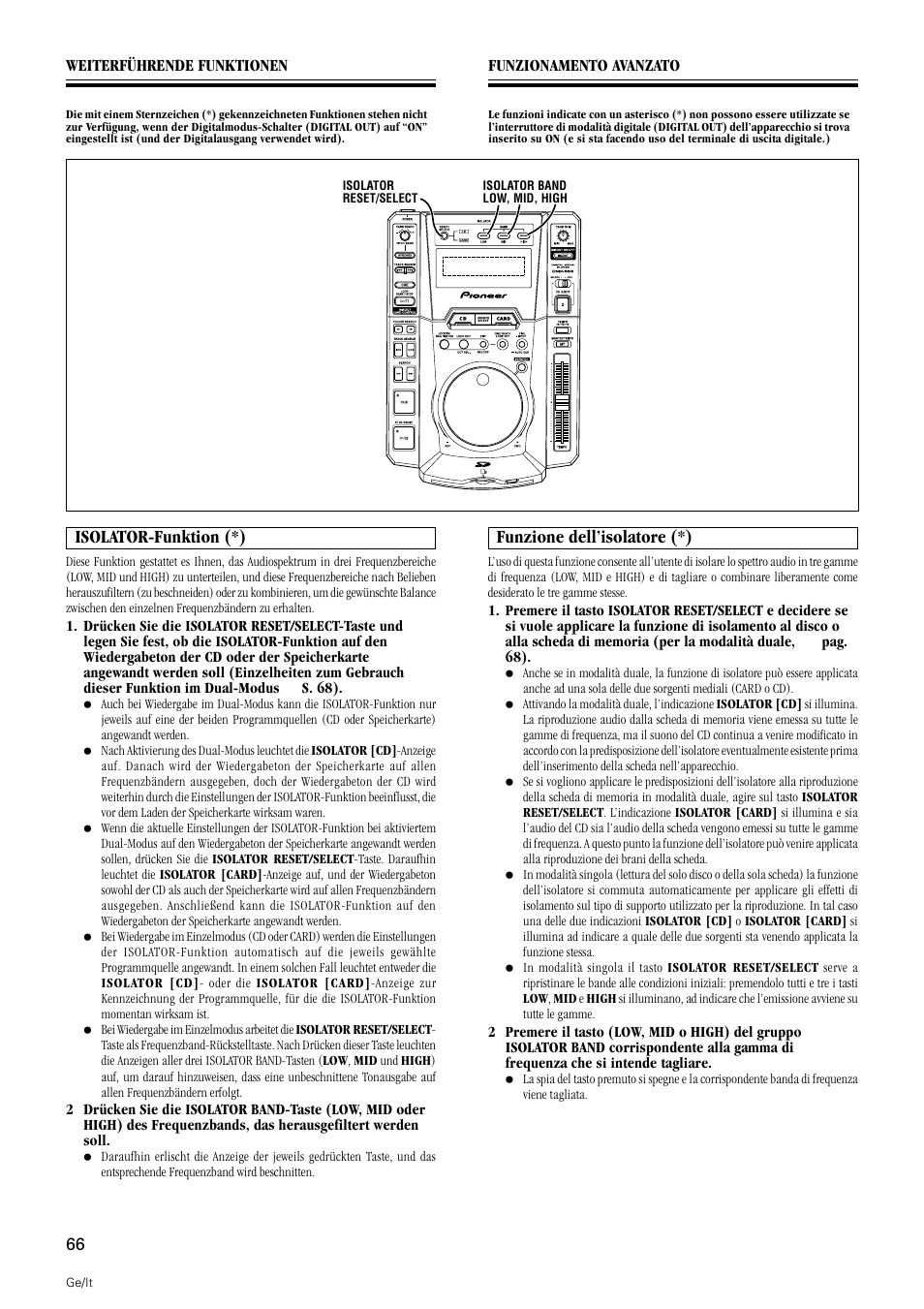 Isolator-funktion, Funzione dell’isolatore, Isolator-funktion (*) | Funzione dell’isolatore (*) | Pioneer DMP-555 User Manual | Page 66 / 120