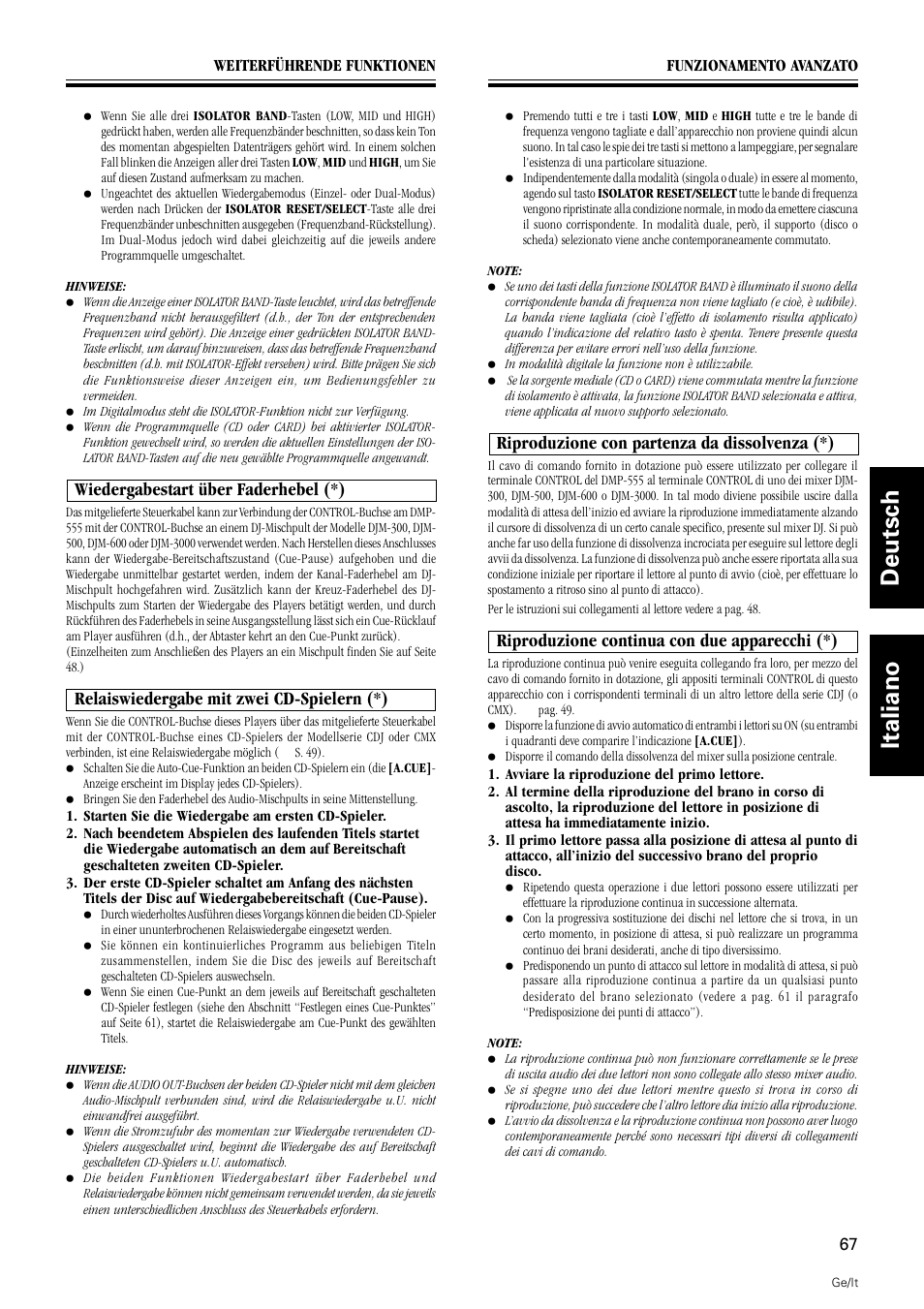 Deutsch italiano, Wiedergabestart über faderhebel (*), Relaiswiedergabe mit zwei cd-spielern (*) | Riproduzione con partenza da dissolvenza (*), Riproduzione continua con due apparecchi (*) | Pioneer DMP-555 User Manual | Page 67 / 120