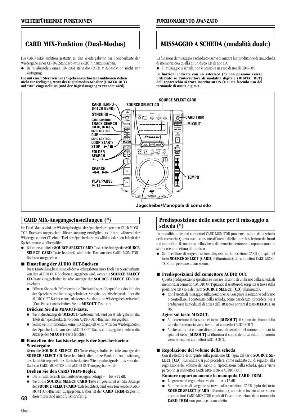 Card mix-funktion (dual-modus), Card mix-ausgangseinstellungen, Missaggio a scheda (modalità duale) | Card mix-ausgangseinstellungen (*) | Pioneer DMP-555 User Manual | Page 68 / 120