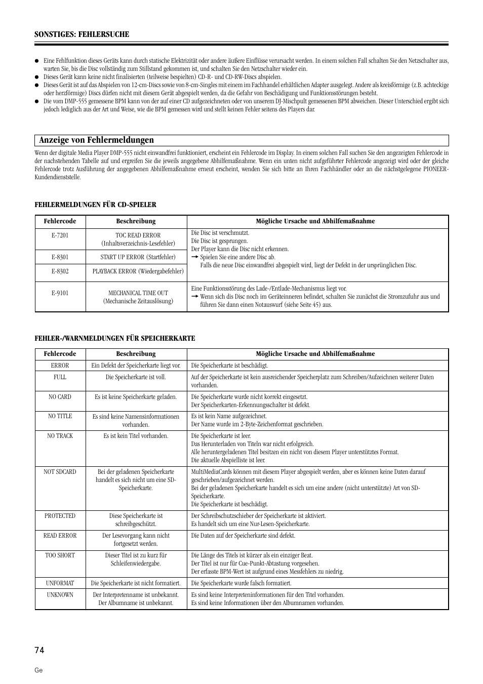 Anzeige von fehlermeldungen | Pioneer DMP-555 User Manual | Page 74 / 120