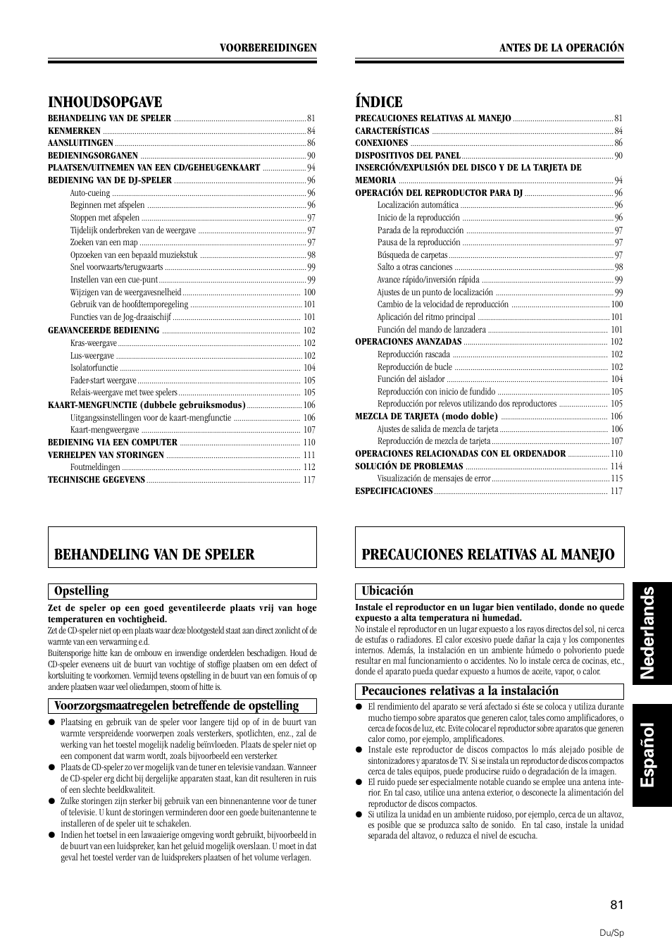 Nederlands español, Inhoudsopgave, Behandeling van de speler | Índice, Precauciones relativas al manejo | Pioneer DMP-555 User Manual | Page 81 / 120