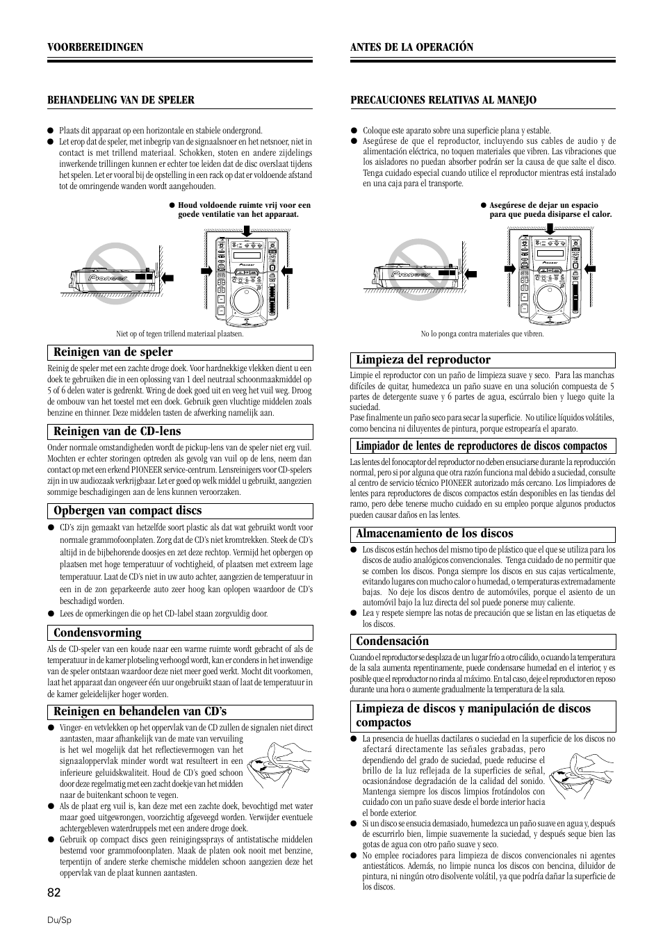 Reinigen van de speler, Opbergen van compact discs, Condensvorming | Reinigen en behandelen van cd’s, Limpieza del reproductor, Almacenamiento de los discos, Condensación, Reinigen van de cd-lens | Pioneer DMP-555 User Manual | Page 82 / 120