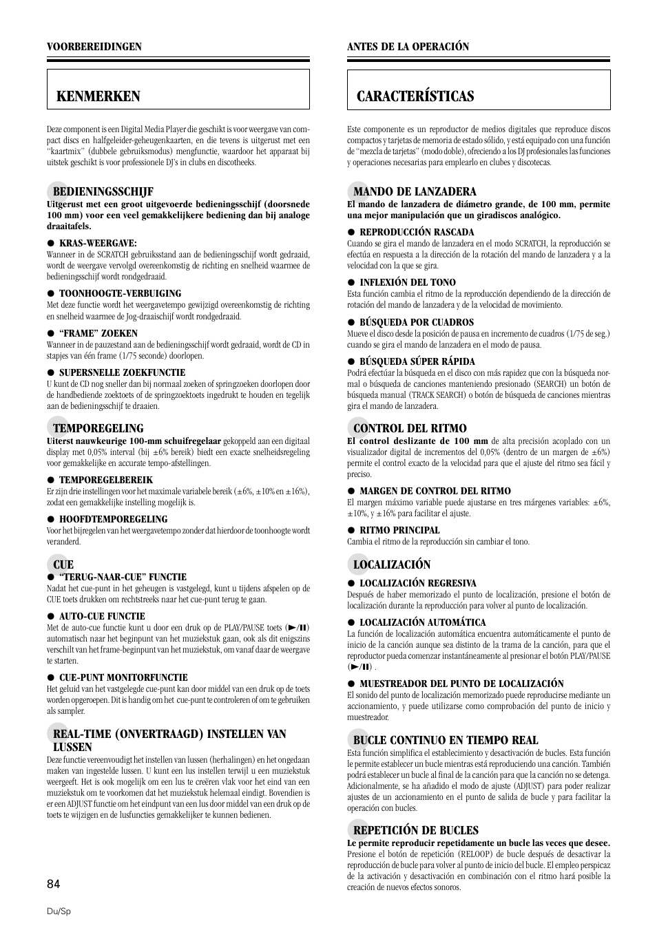 Kenmerken, Características, Kenmerken características | Pioneer DMP-555 User Manual | Page 84 / 120
