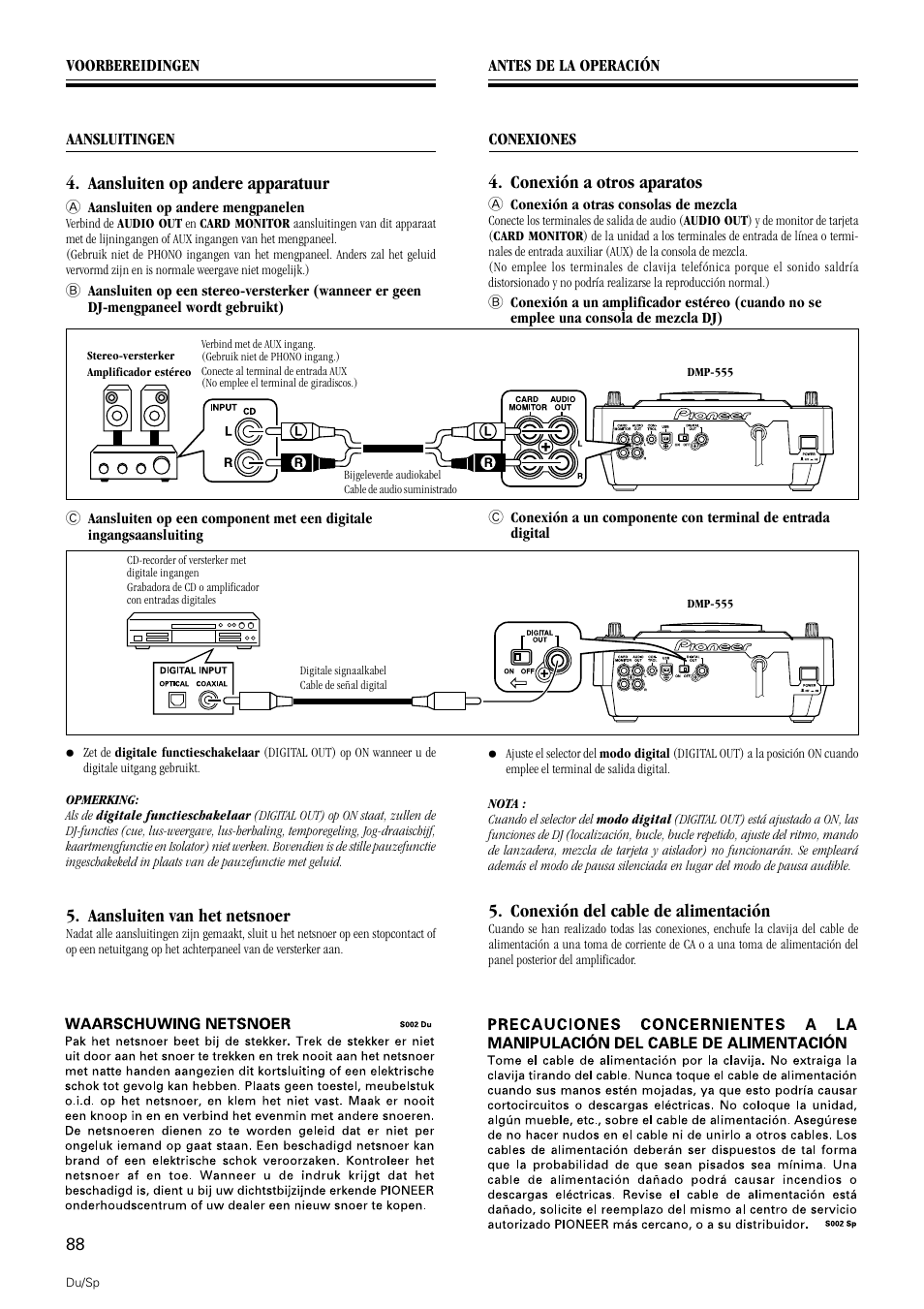 Aansluiten op andere apparatuur, Conexión a otros aparatos, Conexión del cable de alimentación | Aansluiten van het netsnoer | Pioneer DMP-555 User Manual | Page 88 / 120