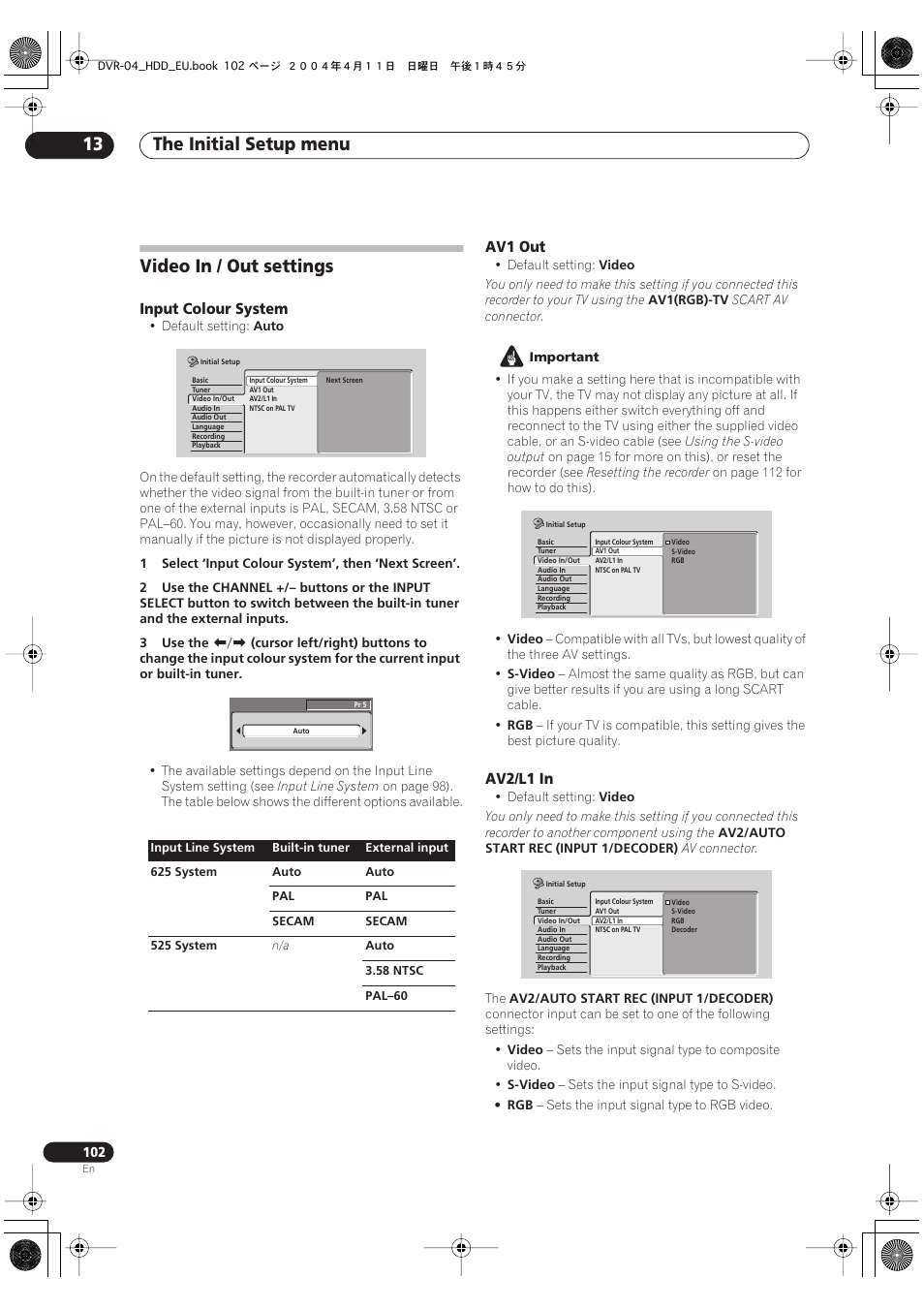 Video in / out settings, The initial setup menu 13 | Pioneer DVR-520H-S User Manual | Page 102 / 128