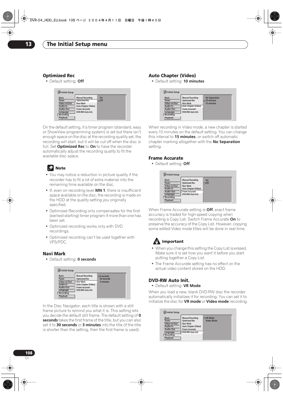 The initial setup menu 13 | Pioneer DVR-520H-S User Manual | Page 108 / 128