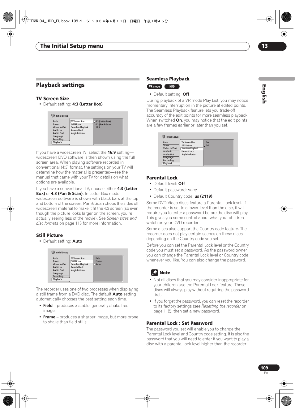 Playback settings, The initial setup menu 13 | Pioneer DVR-520H-S User Manual | Page 109 / 128
