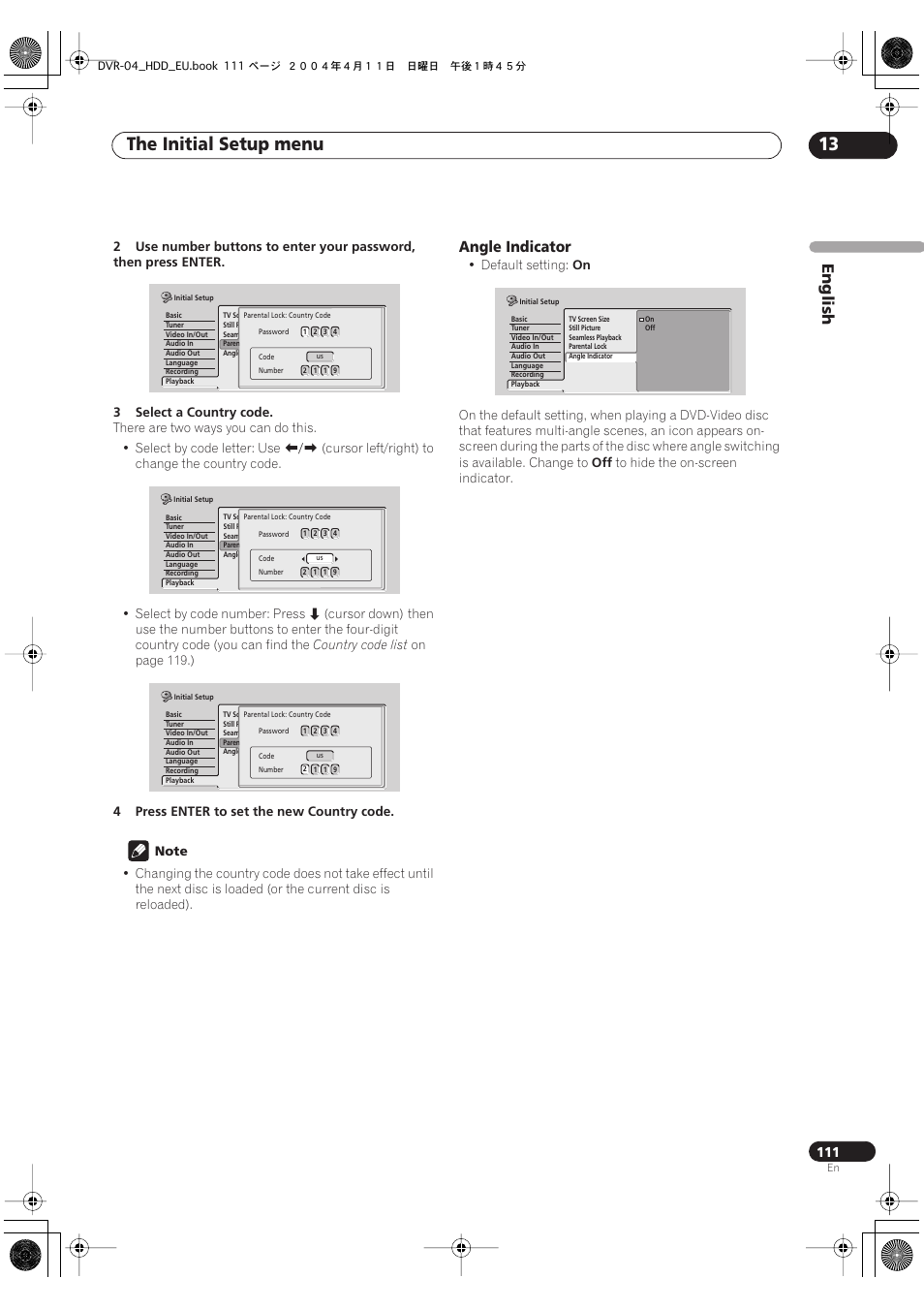 The initial setup menu 13, English, Angle indicator | Pioneer DVR-520H-S User Manual | Page 111 / 128