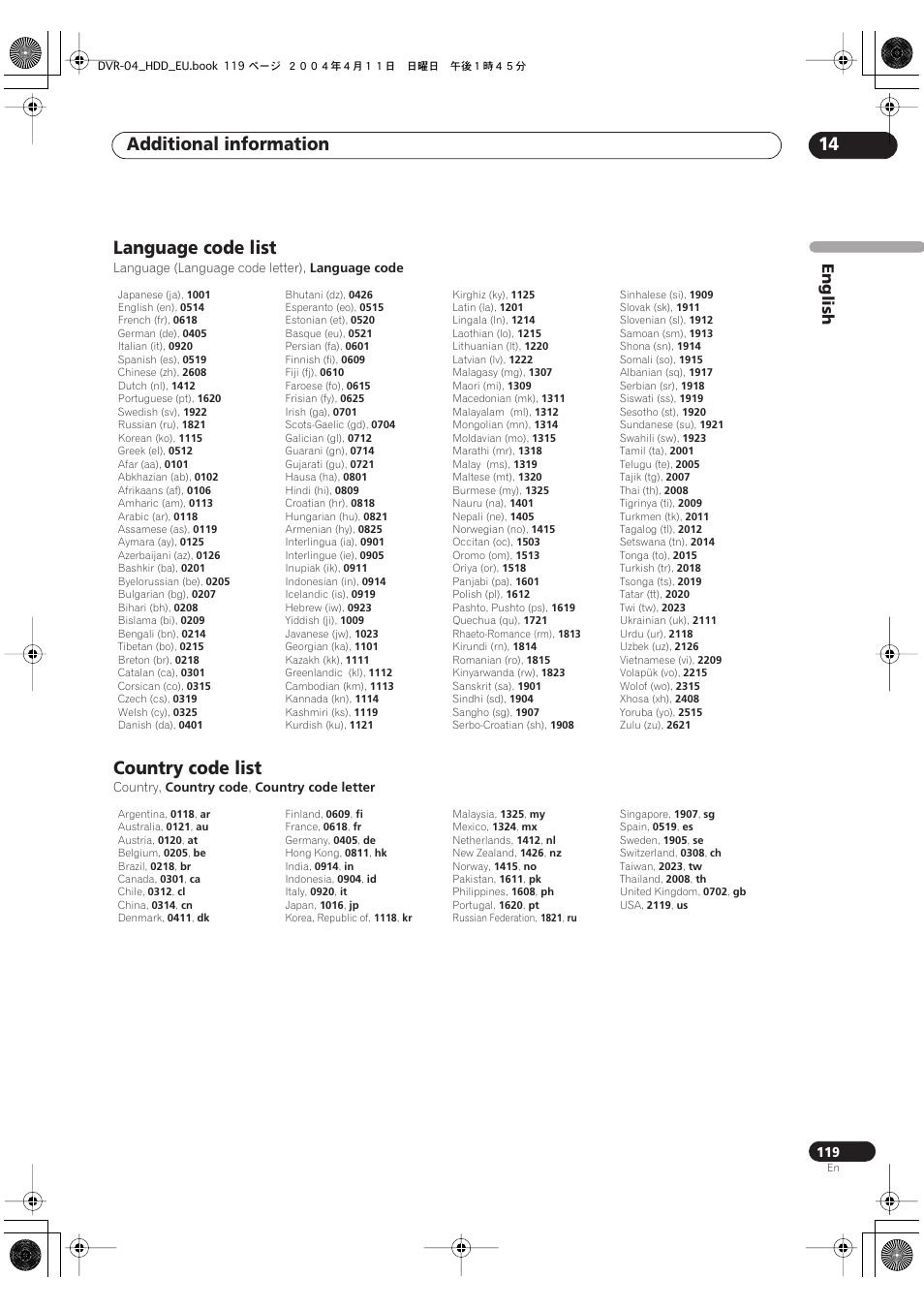 Language code list, Country code list, Additional information 14 | English | Pioneer DVR-520H-S User Manual | Page 119 / 128
