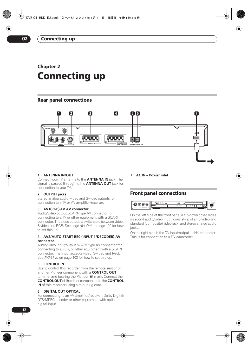 02 connecting up, Rear panel connections, Front panel connections | Connecting up, Connecting up 02, Chapter 2 | Pioneer DVR-520H-S User Manual | Page 12 / 128