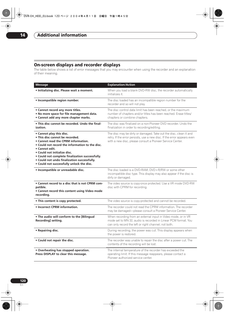 On-screen displays and recorder displays, Additional information 14 | Pioneer DVR-520H-S User Manual | Page 120 / 128