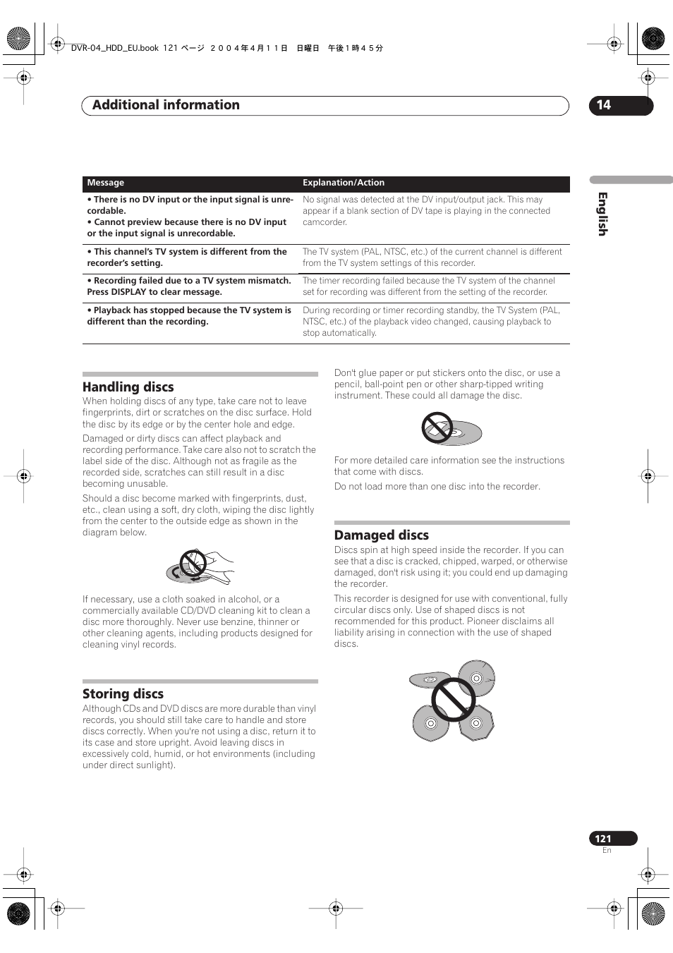 Handling discs, Storing discs, Damaged discs | Additional information 14 | Pioneer DVR-520H-S User Manual | Page 121 / 128