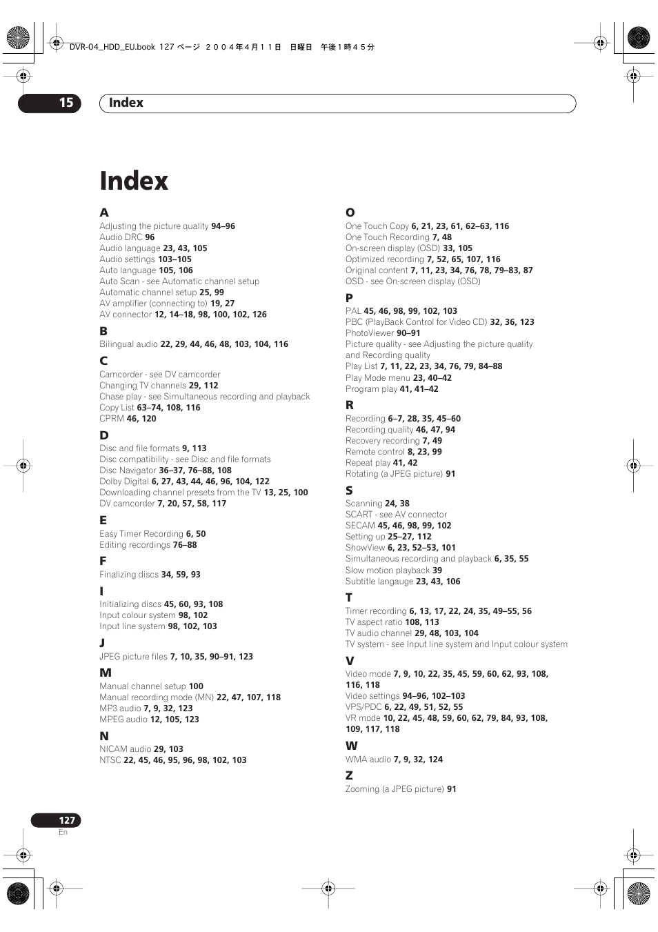 15 index, Index, Index 15 | Pioneer DVR-520H-S User Manual | Page 127 / 128