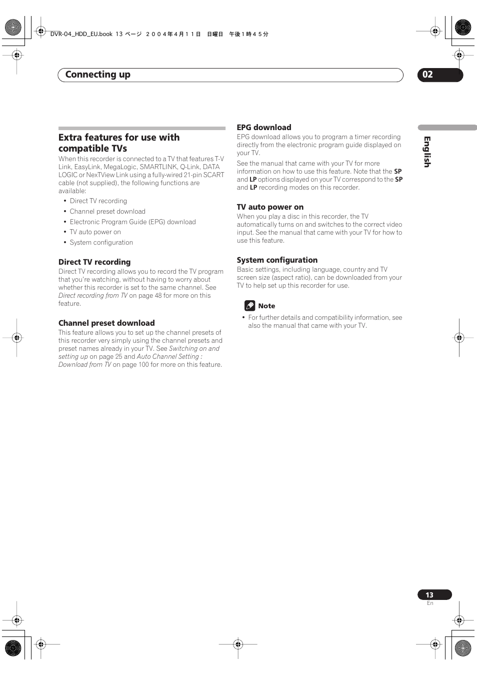Extra features for use with compatible tvs, Connecting up 02 | Pioneer DVR-520H-S User Manual | Page 13 / 128