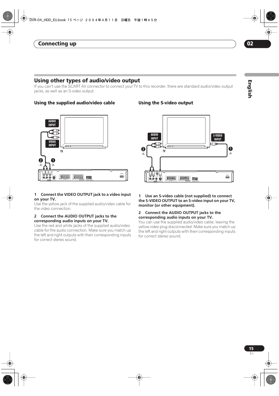 Using other types of audio/video output, Connecting up 02, English | Using the supplied audio/video cable, Using the s-video output | Pioneer DVR-520H-S User Manual | Page 15 / 128