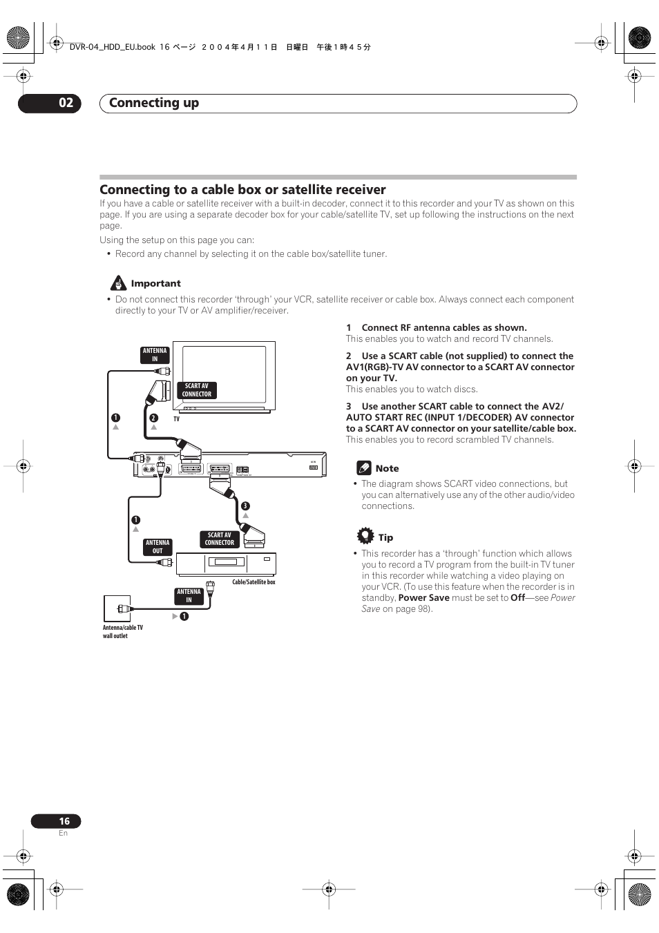 Connecting to a cable box or satellite receiver, Connecting up 02 | Pioneer DVR-520H-S User Manual | Page 16 / 128