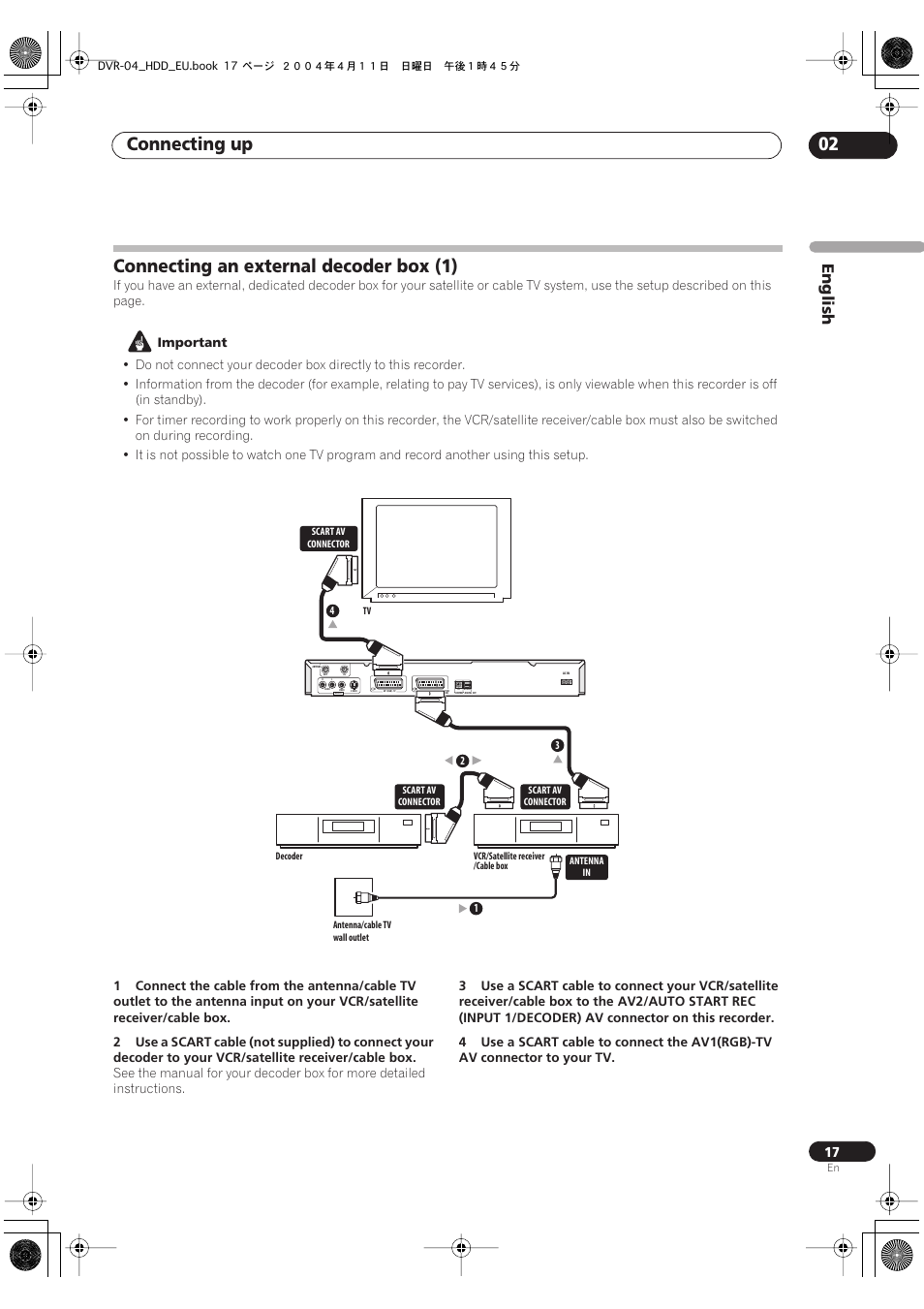Connecting an external decoder box (1), Connecting up 02, English | Pioneer DVR-520H-S User Manual | Page 17 / 128