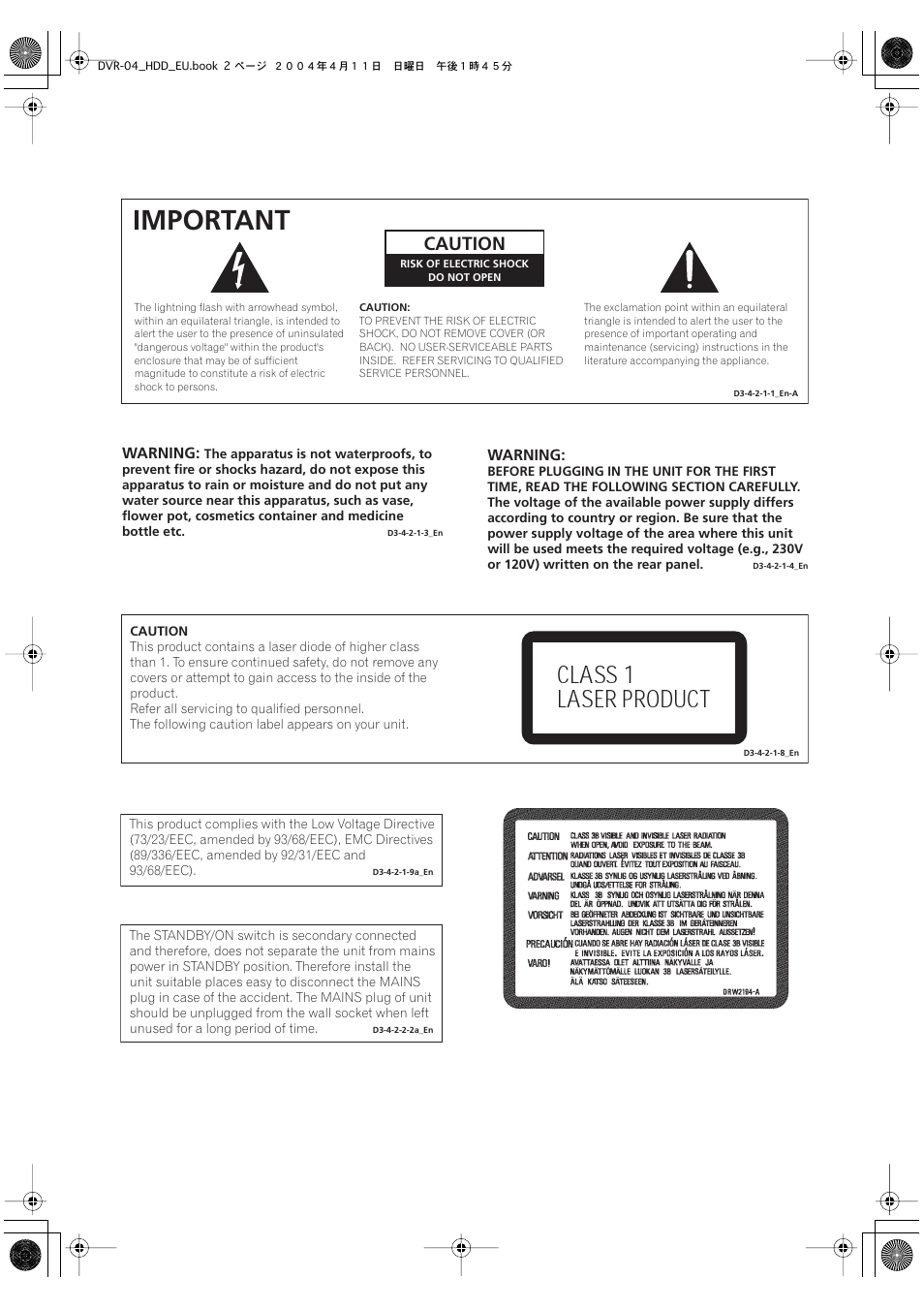 Important, Class 1 laser product, Caution | Pioneer DVR-520H-S User Manual | Page 2 / 128