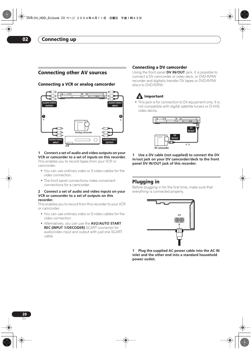 Connecting other av sources, Plugging in, Connecting up 02 | Pioneer DVR-520H-S User Manual | Page 20 / 128