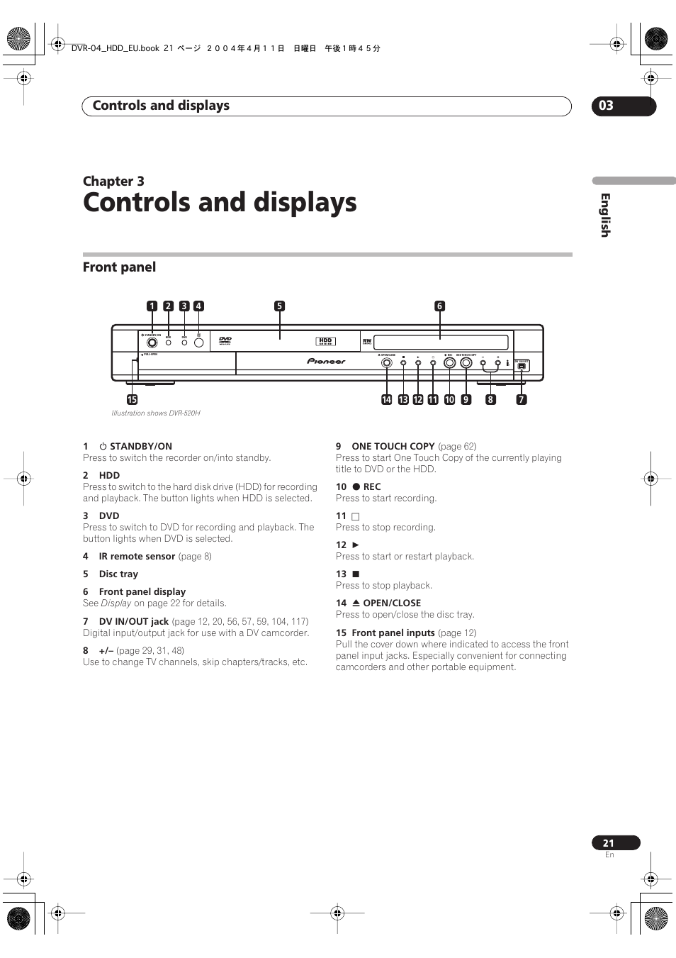 03 controls and displays, Front panel, Controls and displays | Controls and displays 03, Chapter 3 | Pioneer DVR-520H-S User Manual | Page 21 / 128