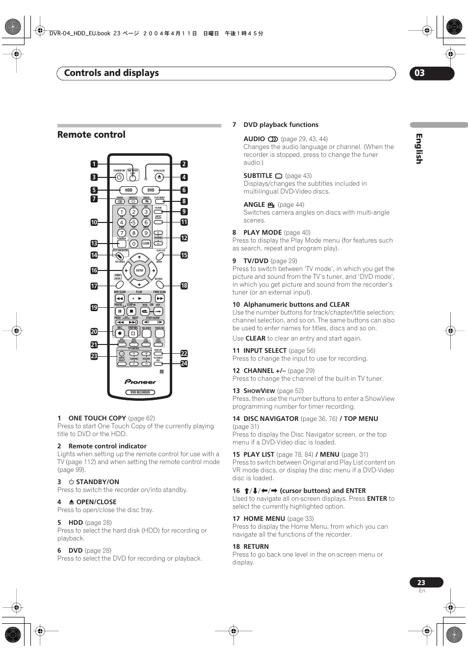 Remote control, Controls and displays 03, English | Pioneer DVR-520H-S User Manual | Page 23 / 128