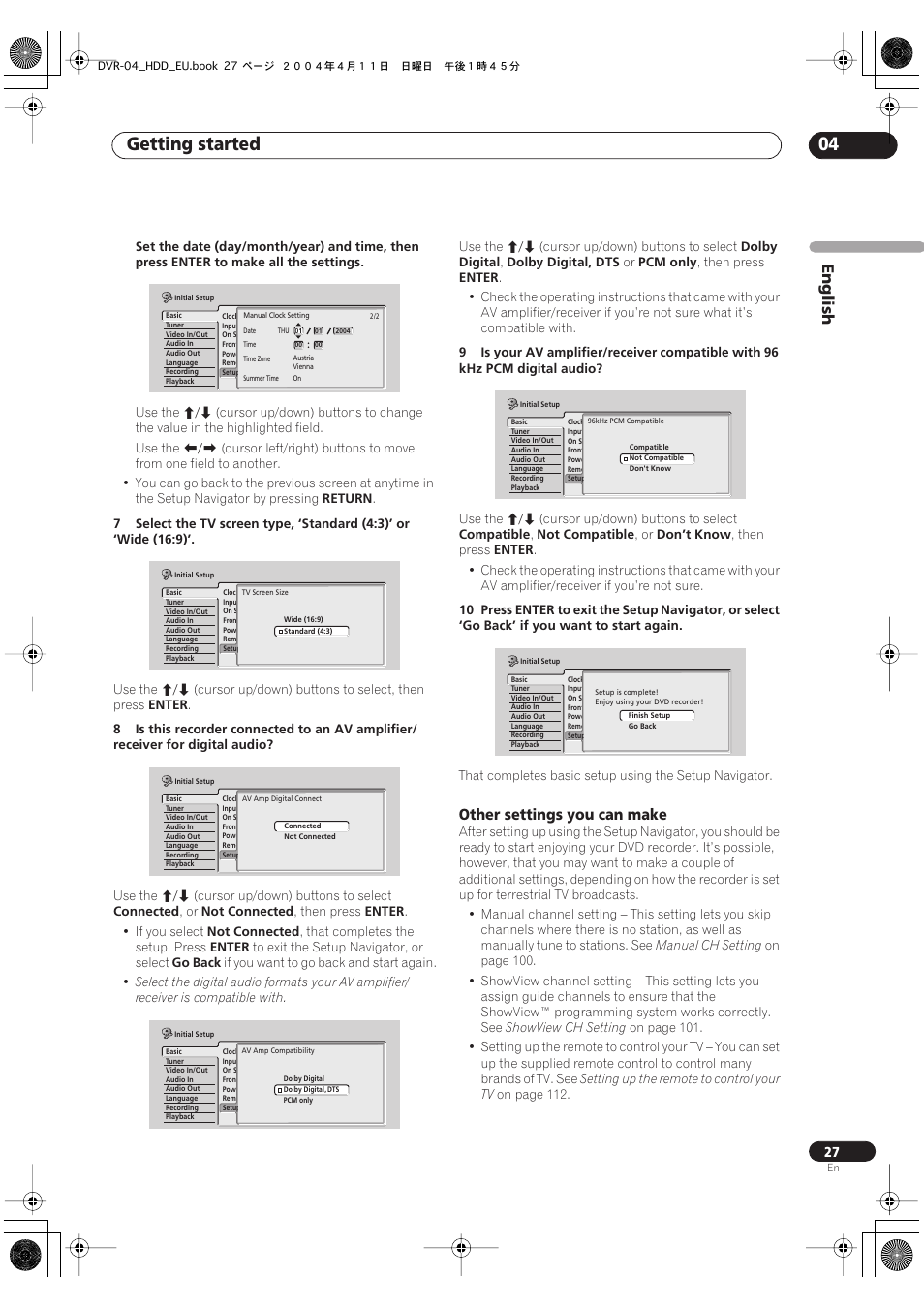Getting started 04, English, Other settings you can make | Pioneer DVR-520H-S User Manual | Page 27 / 128