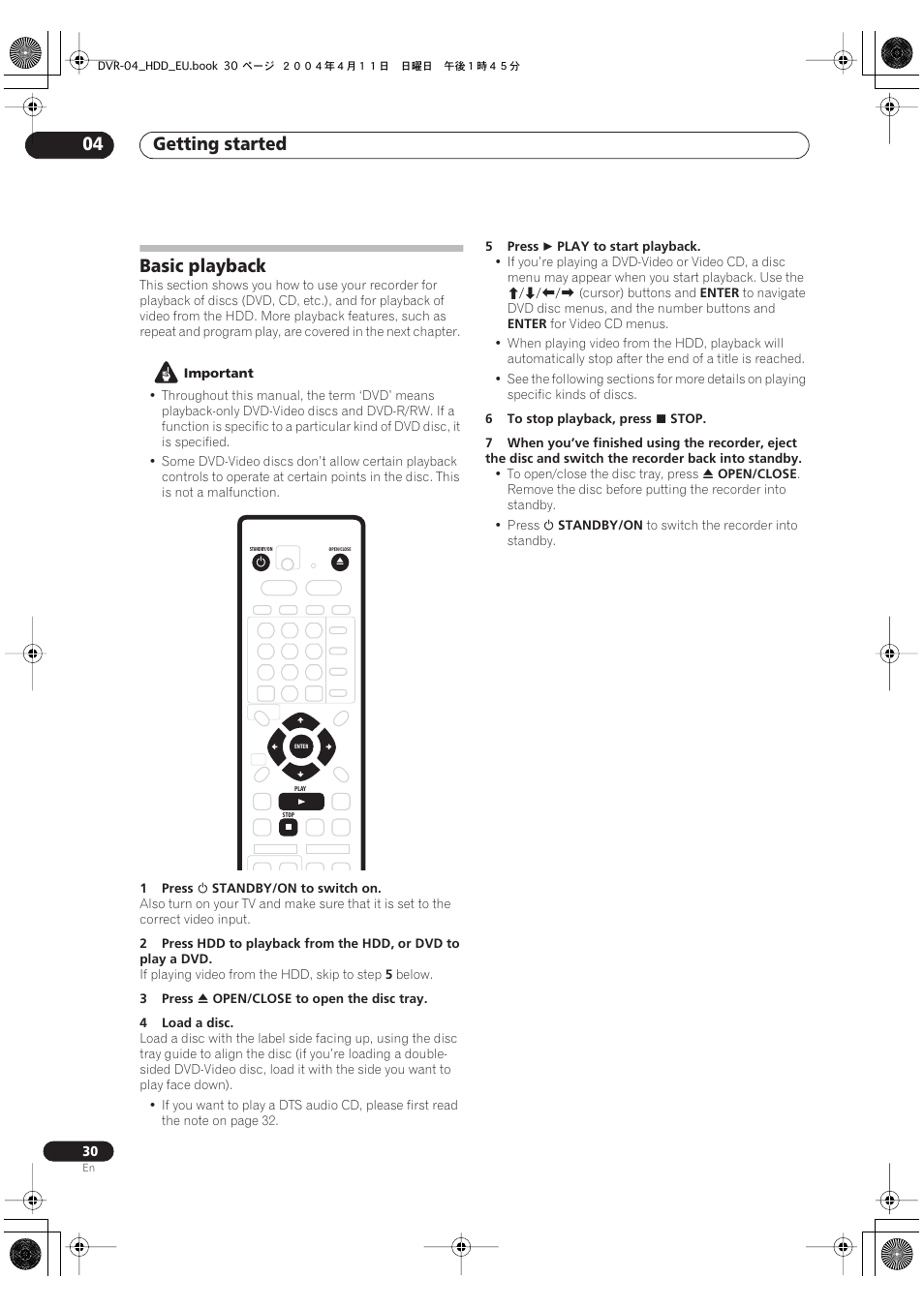 Basic playback, Getting started 04 | Pioneer DVR-520H-S User Manual | Page 30 / 128