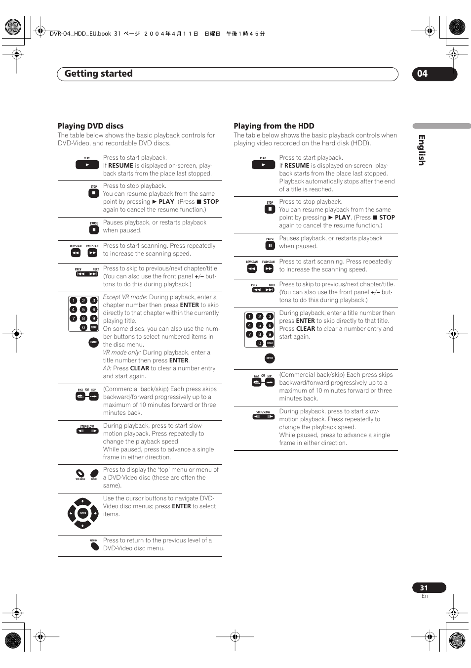 Getting started 04, English, Playing dvd discs | Playing from the hdd | Pioneer DVR-520H-S User Manual | Page 31 / 128