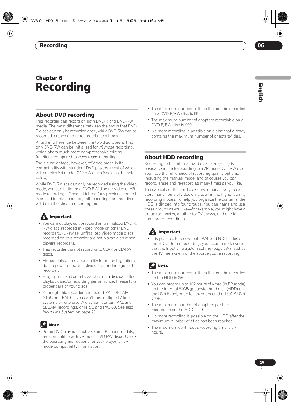 06 recording, About dvd recording, About hdd recording | Recording, Recording 06, Chapter 6 | Pioneer DVR-520H-S User Manual | Page 45 / 128