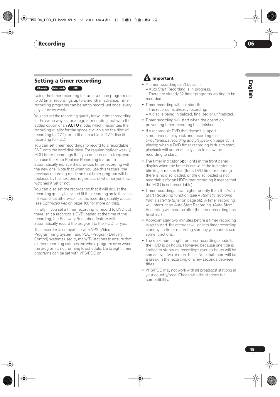 Setting a timer recording, Recording 06 | Pioneer DVR-520H-S User Manual | Page 49 / 128