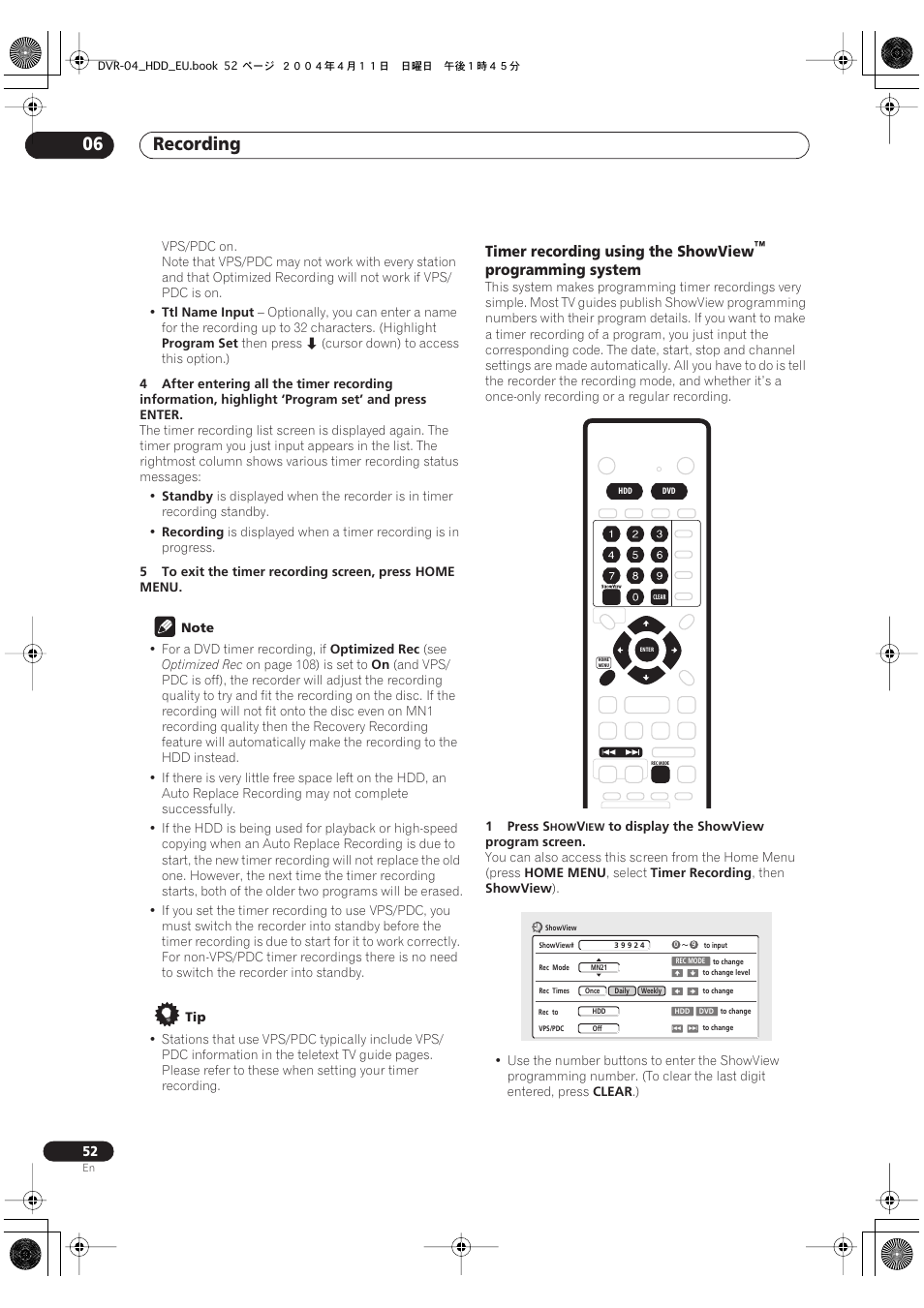 Recording 06, Timer recording using the showview, Programming system | Pioneer DVR-520H-S User Manual | Page 52 / 128