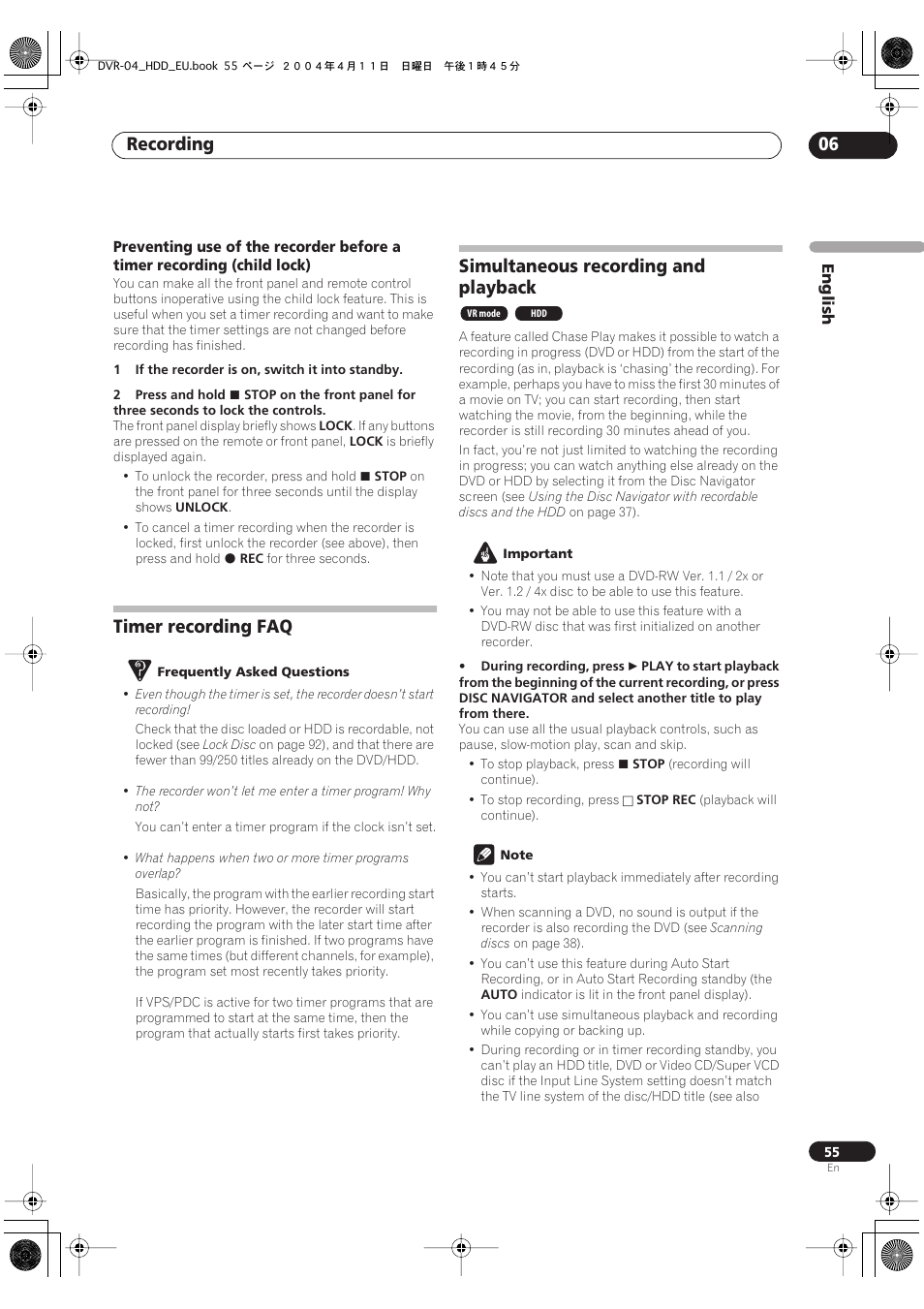 Timer recording faq, Simultaneous recording and playback, Recording 06 | Pioneer DVR-520H-S User Manual | Page 55 / 128