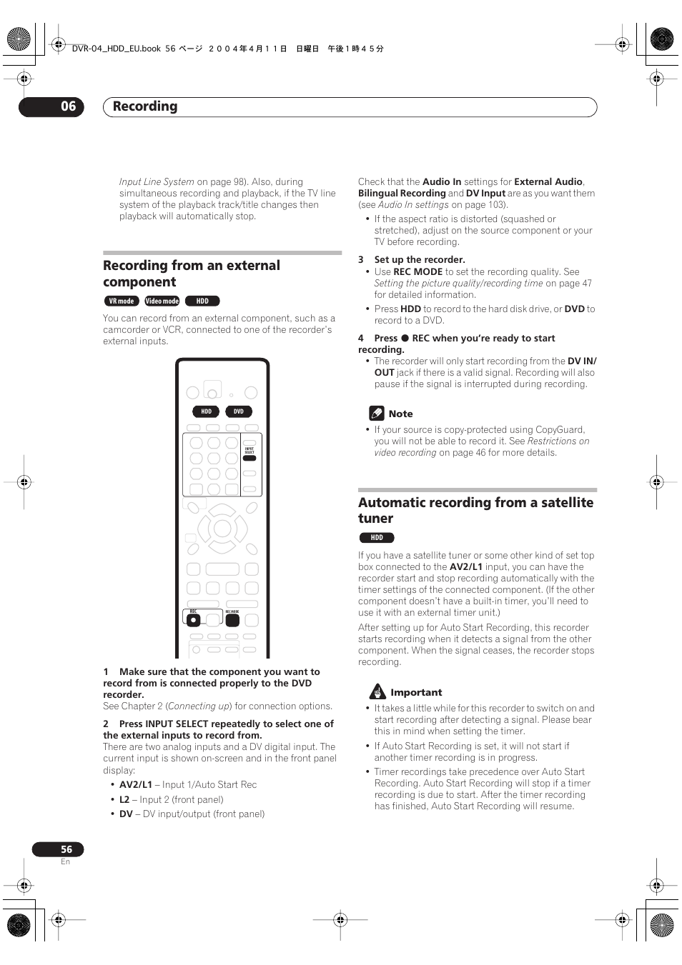 Recording from an external component, Automatic recording from a satellite tuner, Recording 06 | Pioneer DVR-520H-S User Manual | Page 56 / 128