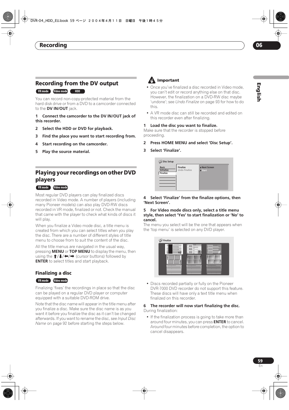 Recording from the dv output, Playing your recordings on other dvd players, Recording 06 | Pioneer DVR-520H-S User Manual | Page 59 / 128