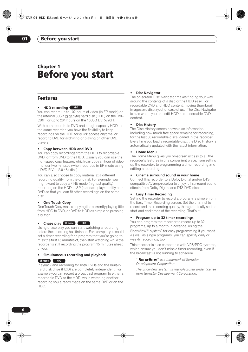 01 before you start, Features, Before you start | Before you start 01, Chapter 1 | Pioneer DVR-520H-S User Manual | Page 6 / 128