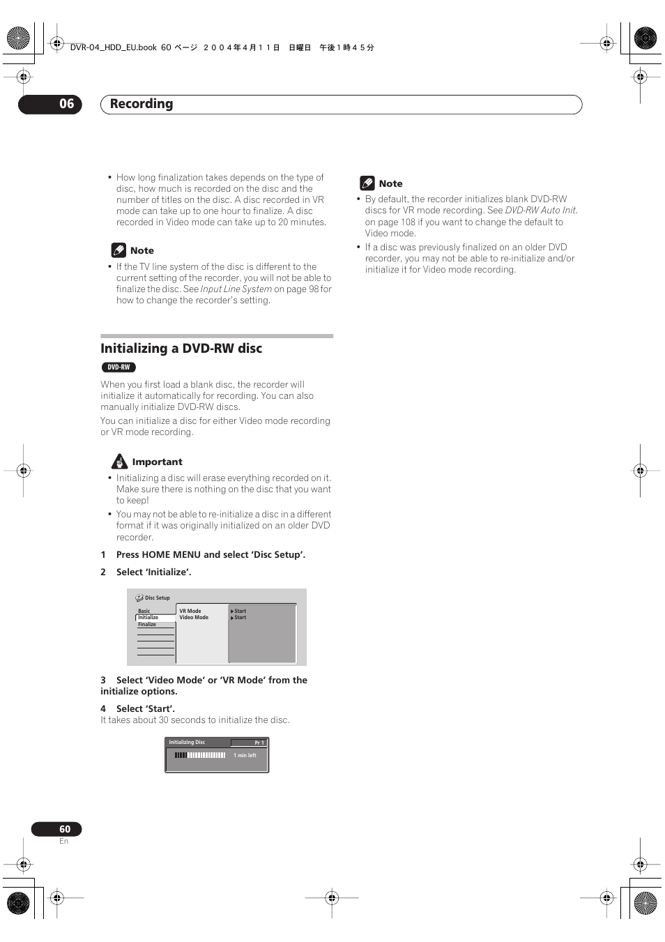 Initializing a dvd-rw disc, Recording 06 | Pioneer DVR-520H-S User Manual | Page 60 / 128