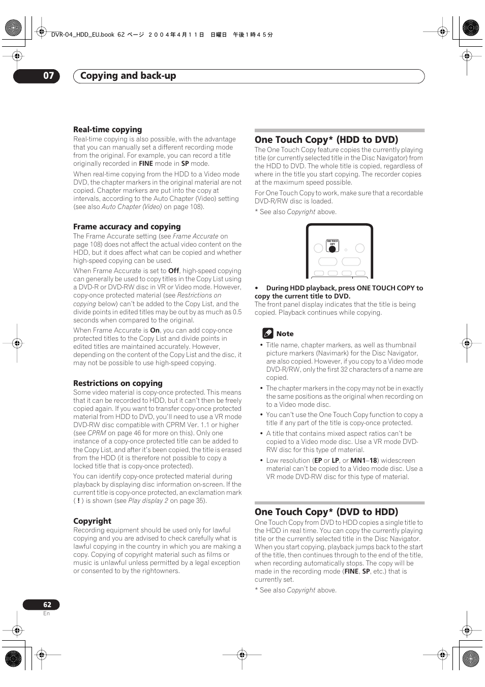 One touch copy (hdd to dvd), One touch copy (dvd to hdd), Copying and back-up 07 | One touch copy* (hdd to dvd), One touch copy* (dvd to hdd) | Pioneer DVR-520H-S User Manual | Page 62 / 128