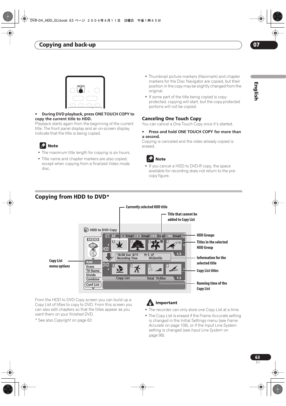 Copying from hdd to dvd, Copying and back-up 07, Dvd hdd hdd | Pioneer DVR-520H-S User Manual | Page 63 / 128