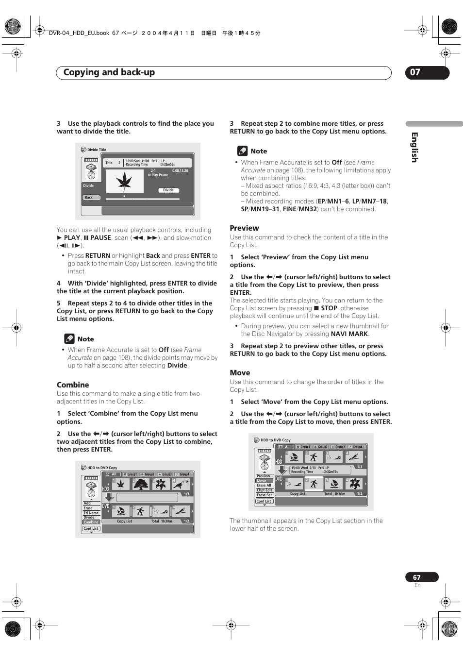 Copying and back-up 07, English, Combine | Preview, Move | Pioneer DVR-520H-S User Manual | Page 67 / 128