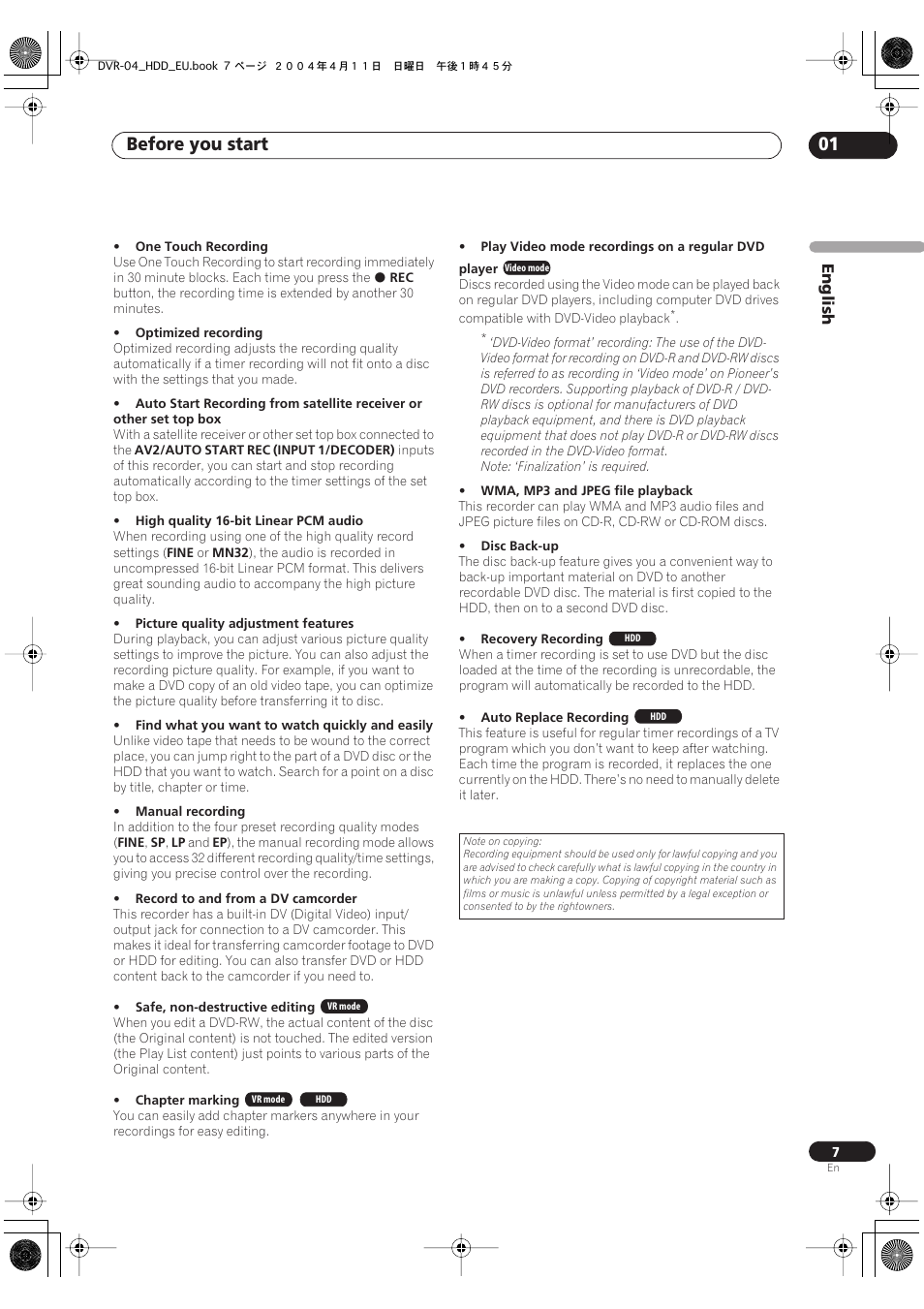 Before you start 01 | Pioneer DVR-520H-S User Manual | Page 7 / 128