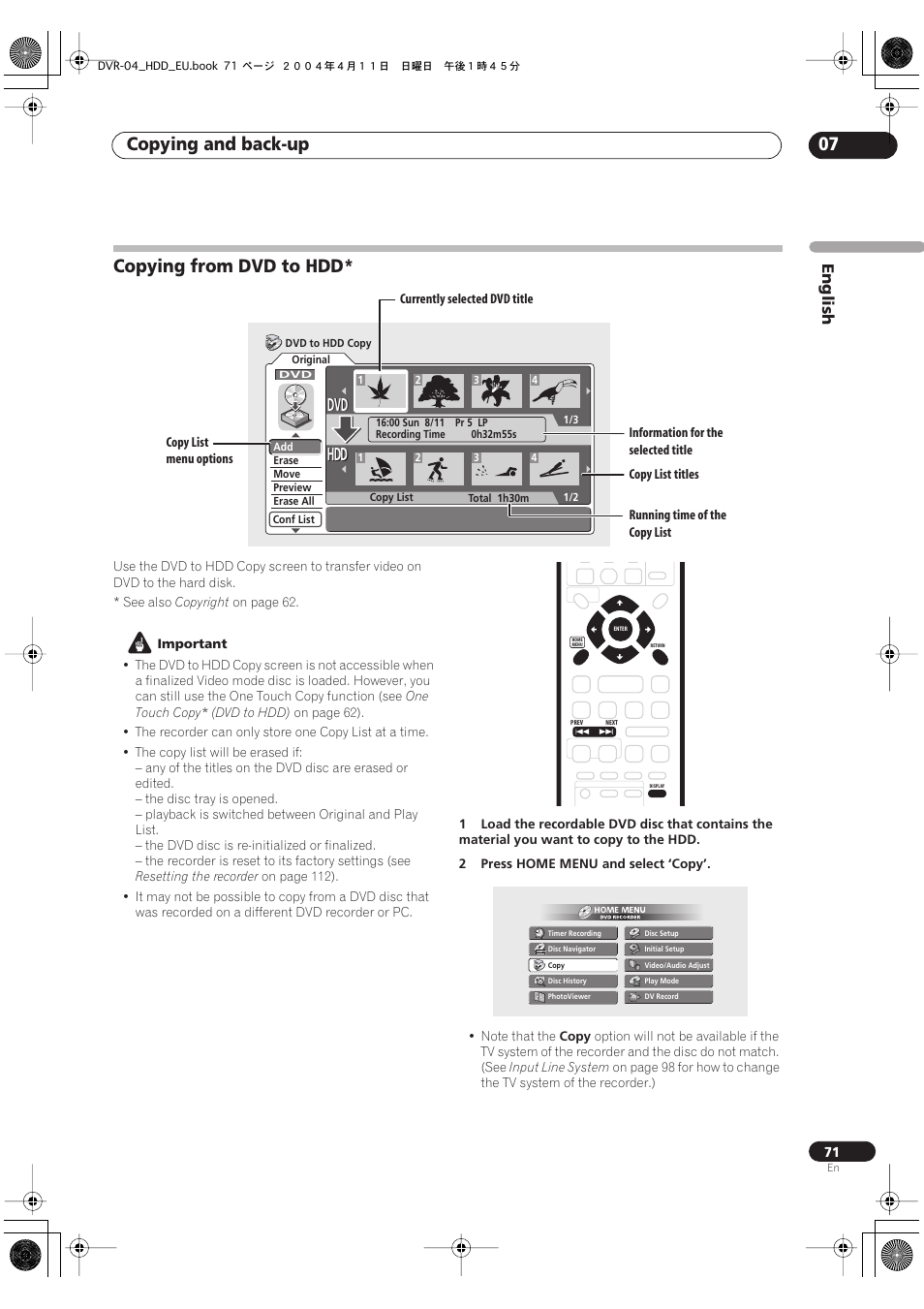 Copying from dvd to hdd, Copying and back-up 07, Dvd hdd hdd | English | Pioneer DVR-520H-S User Manual | Page 71 / 128