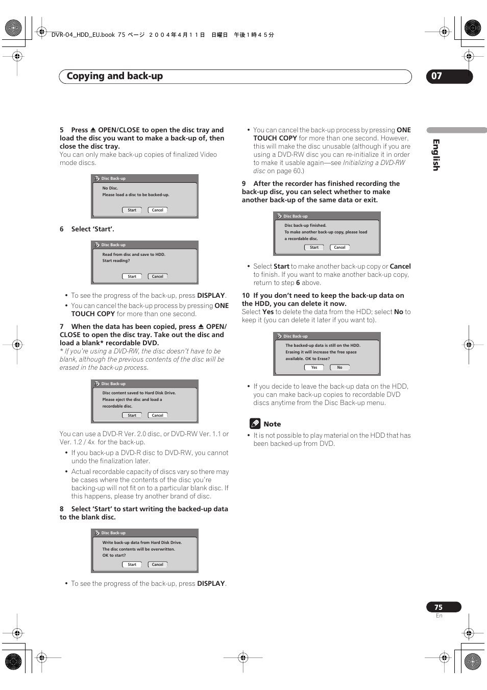 Copying and back-up 07, English | Pioneer DVR-520H-S User Manual | Page 75 / 128