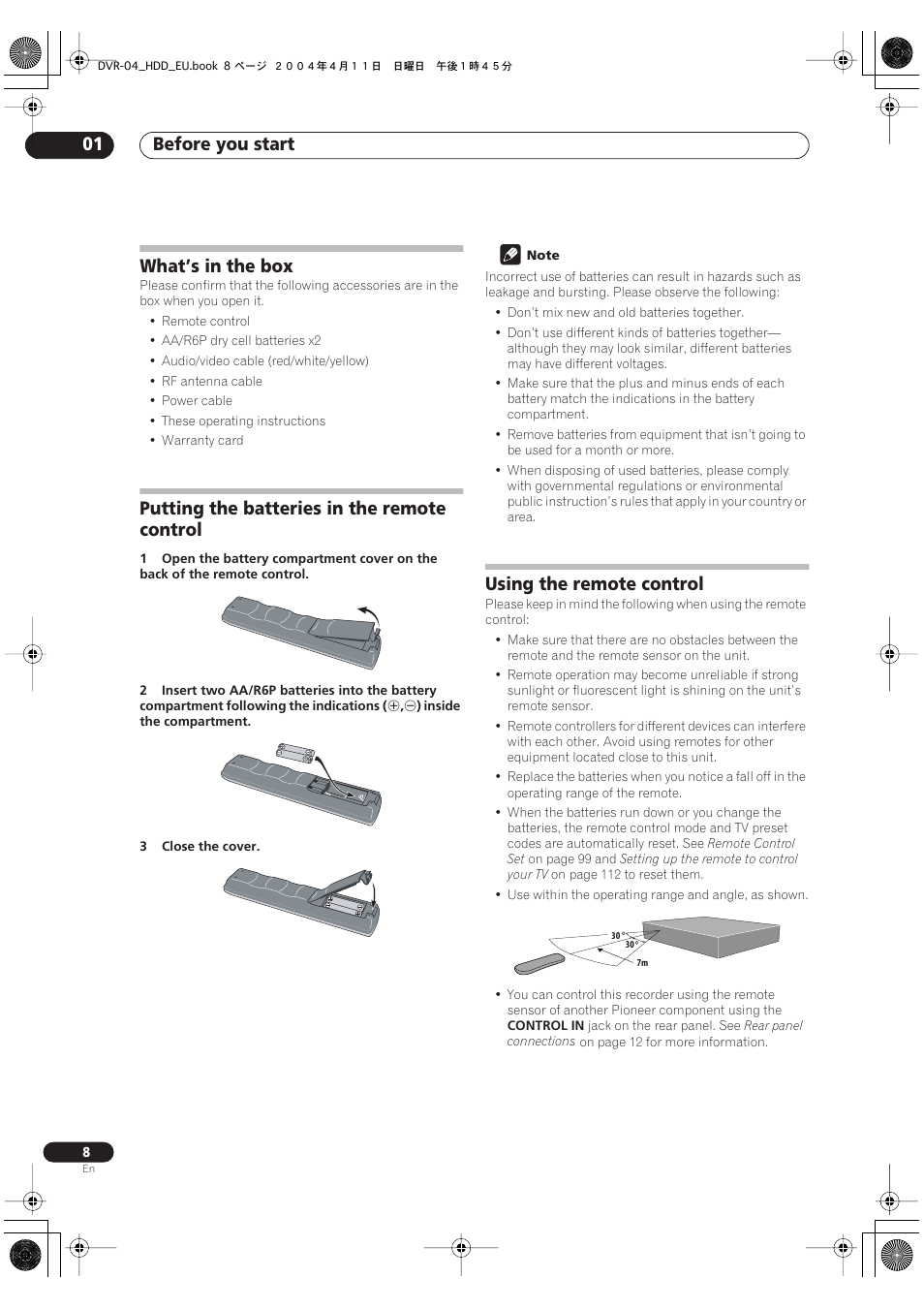 What’s in the box, Putting the batteries in the remote control, Using the remote control | Before you start 01 | Pioneer DVR-520H-S User Manual | Page 8 / 128