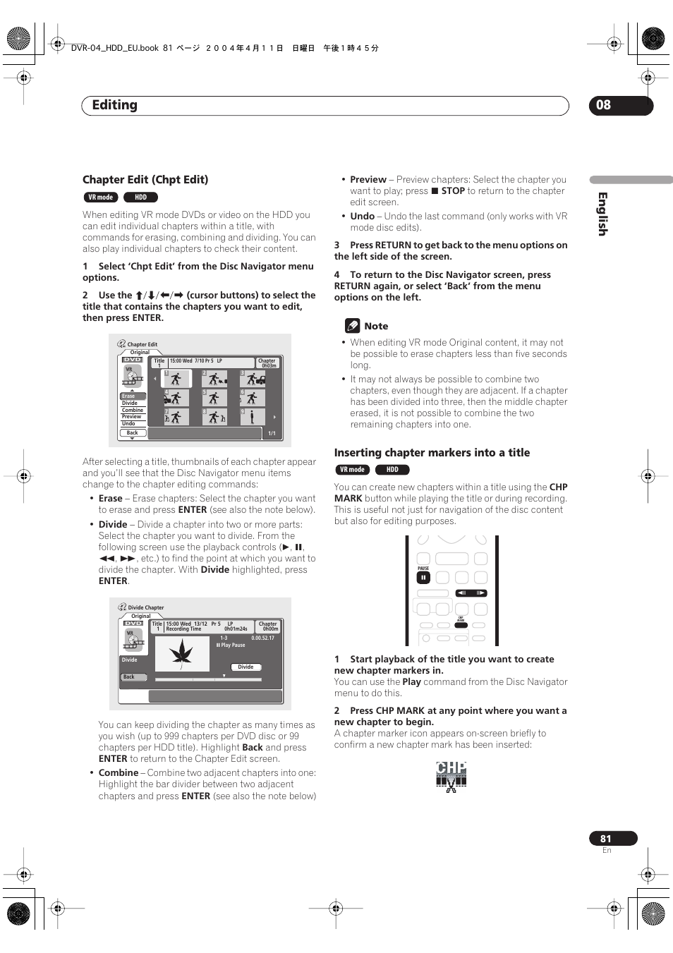 Editing 08, English, Chapter edit (chpt edit) | Inserting chapter markers into a title | Pioneer DVR-520H-S User Manual | Page 81 / 128