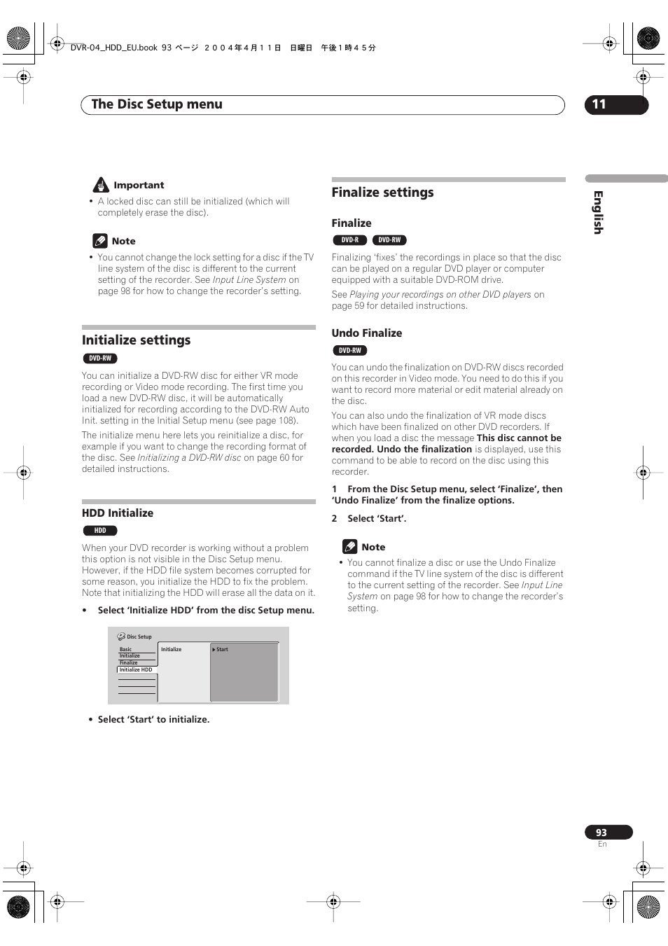 Initialize settings, Hdd initialize, Finalize settings | The disc setup menu 11 | Pioneer DVR-520H-S User Manual | Page 93 / 128