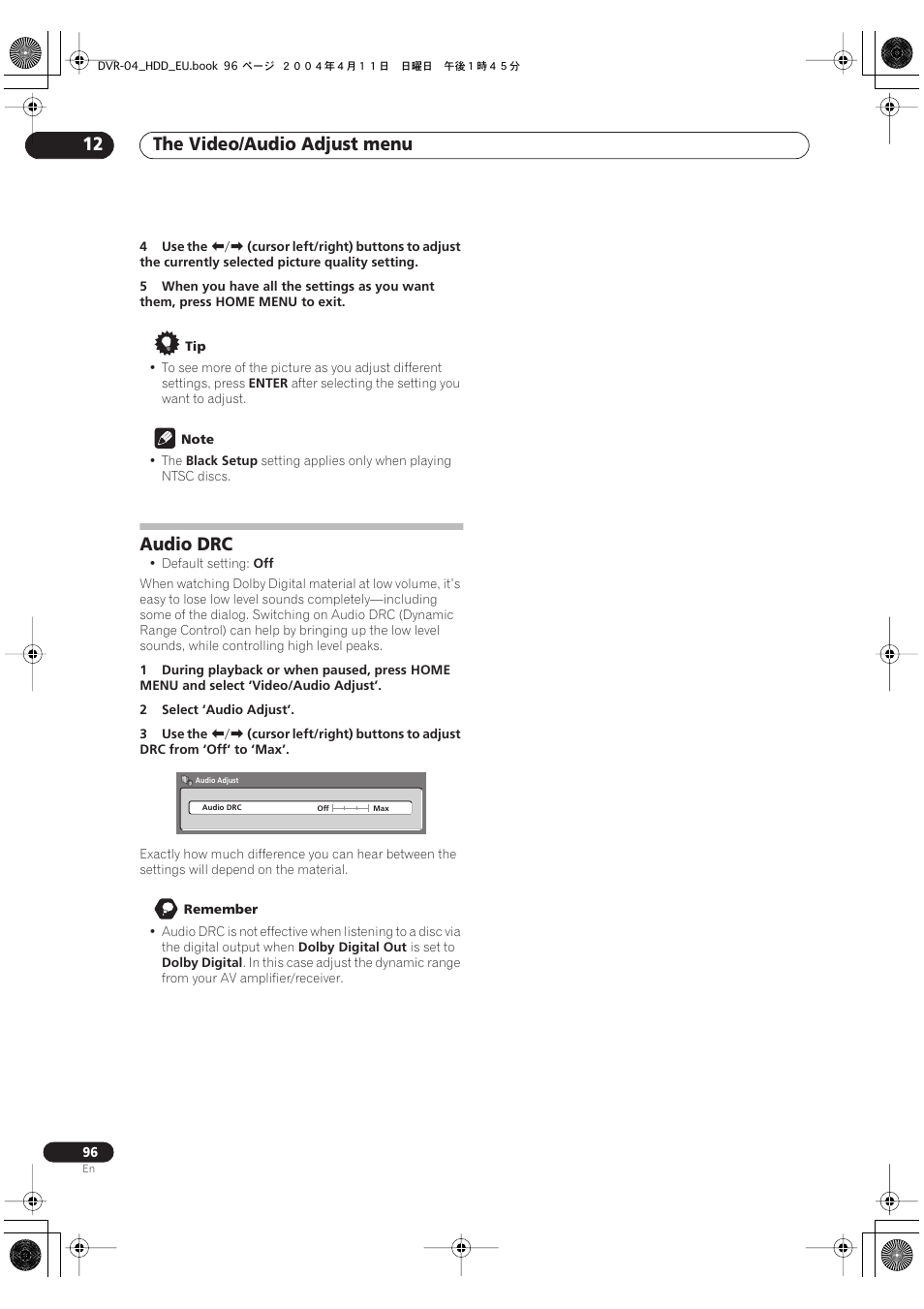 Audio drc, The video/audio adjust menu 12 | Pioneer DVR-520H-S User Manual | Page 96 / 128