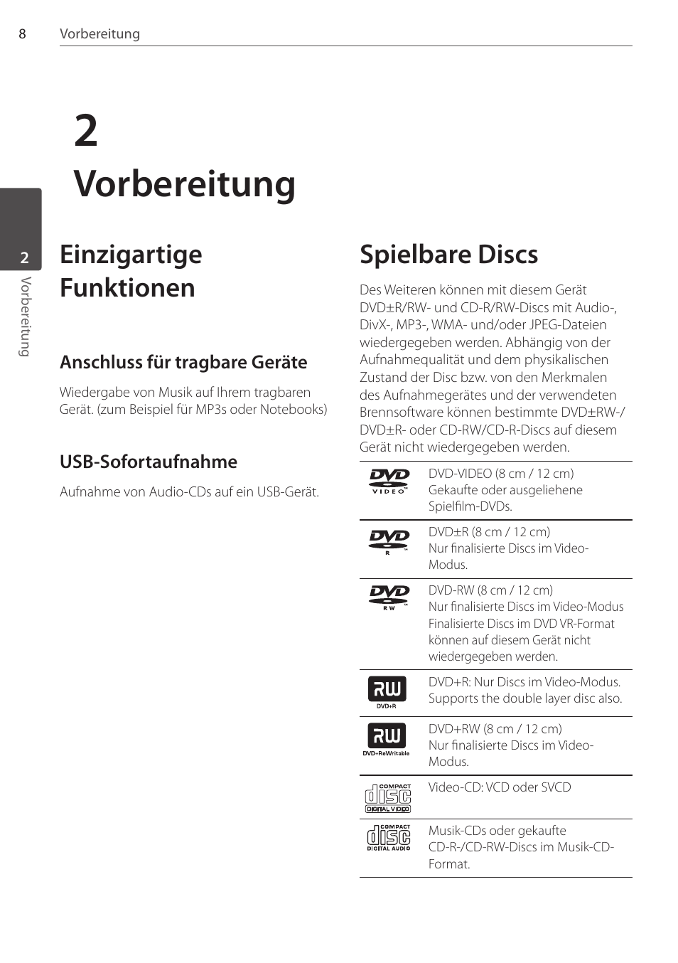 Vorbereitung, Einzigartige funktionen, Spielbare discs | Pioneer DCS-FS303K User Manual | Page 100 / 278